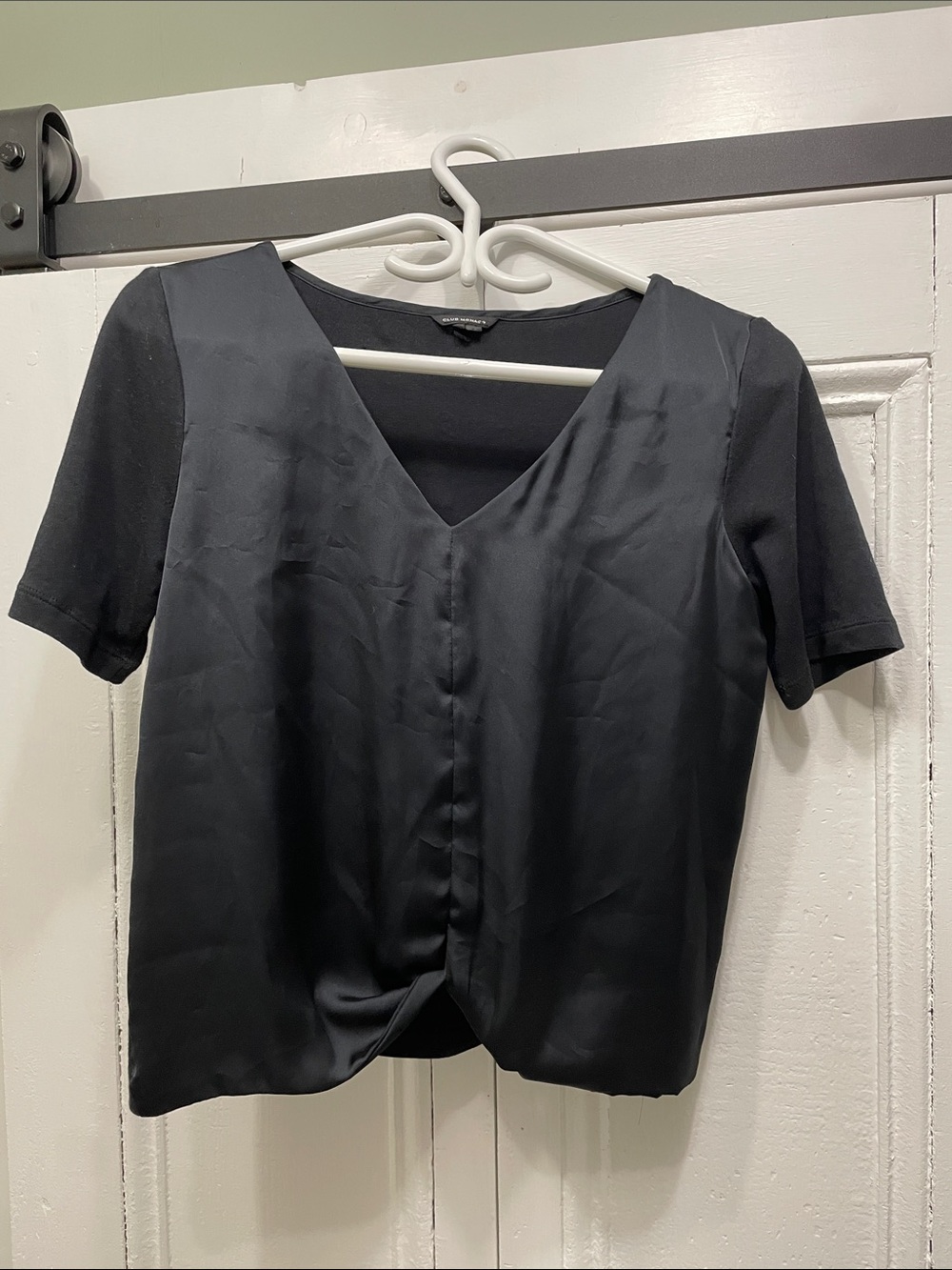 Club Monaco Black V-Neck Short Sleeve Satin Mixed-Media Top